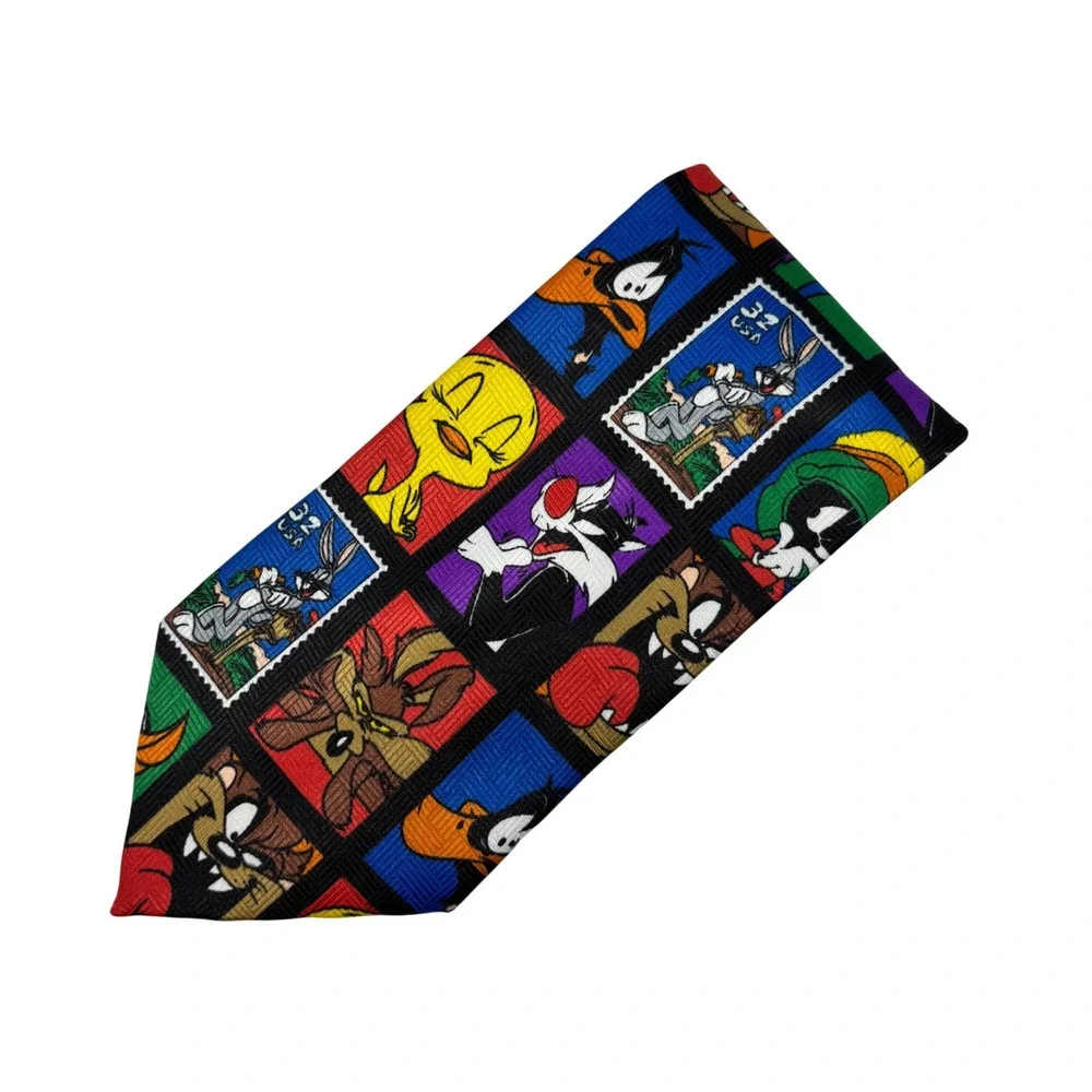 Looney Tunes Necktie Mens 90s Stamp Collection Bugs Tweety Taz Cartooncore Retro